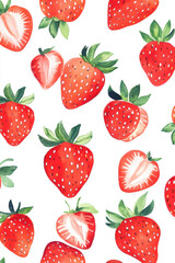 Bright and colorful watercolor strawberries on a white background, showcasing a fresh and vibrant pattern with red hues and green leaves.