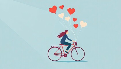 A couple riding a bicycle with heart-shaped balloons trailing behind them.