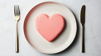 Heart-shaped dessert on a plate with silverware.