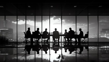 Team of young businessmen in a meeting, silhouettes sitting around a table, collaborative office environment, corporate business scene