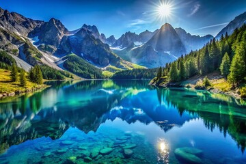 Fototapeta premium Serene Blue Lake Landscape: Majestic Mountains and Tranquil Waters