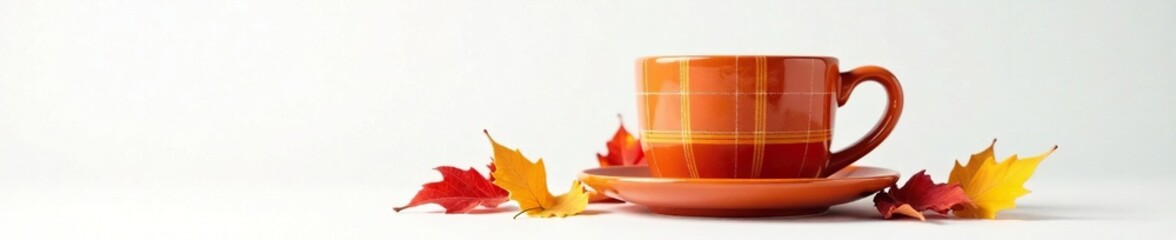 Burnt orange, yellow, red plaid cup on a pure white background, fall decor, plaid pattern, cozy atmosphere