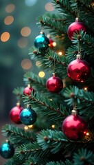 Obraz premium Colorful Christmas ball ornaments scattered on a bare fir tree branch, sparkling, holiday, twinkling