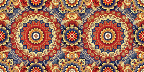 Vibrant abstract floral mandala pattern in warm colors.