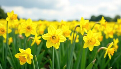 Obraz premium Daffodil field with bright yellow flowers and white stripes, flowers, white, nature