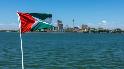 Fototapeta premium Cityscape Photo: Flag Over Water