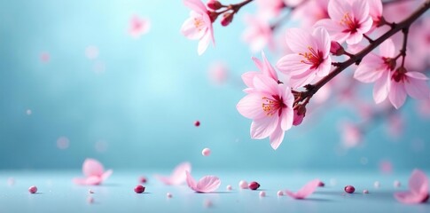 Fototapeta premium Delicate cherry blossom petals falling gently on a soft blue background, blossoms, serene landscape