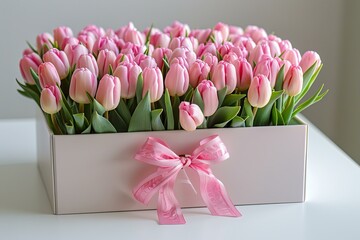 Beautiful bouquet of pink tulips arranged in a gift box, creating a perfect present for a special occasion