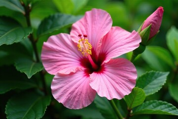 Delicate petals of pink hibiscus fragilis flower in a lush green garden, floral, , botanical