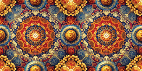 Vibrant intricate circular designs in warm colors create a mesmerizing pattern.