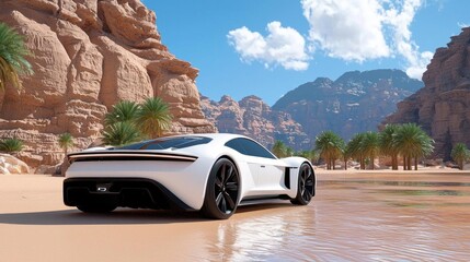 Obraz premium A desert oasis featuring a futuristic city with self-driving cars and smart infrastructure. High Quality