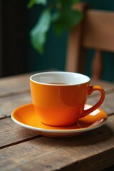Obraz premium Empty orange cup and saucer on a rustic wooden table, empty, orange, cup