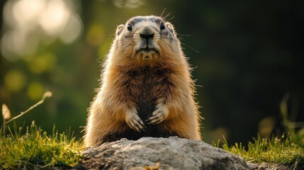 Celebrating Groundhog Day, a furry groundhog named Punxsutawney Phil peers from his burrow in the greenery, poised to reveal his weather forecast for the upcoming weeks