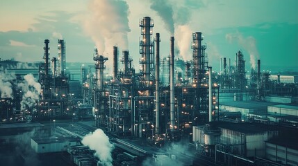 Industrial Refinery at Dusk: A Panoramic View of Modern Manufacturing