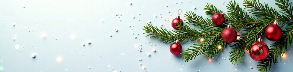 Obraz premium Fir branches intertwined with glittering ornaments on a snowy white background, twinkle lights, fir