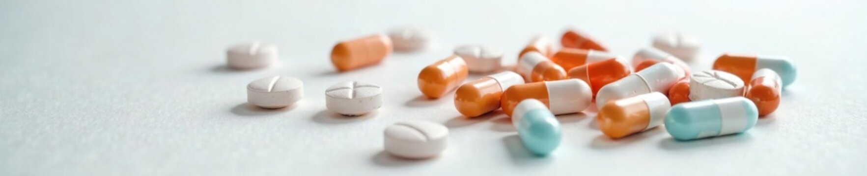 Fragmented pills scattered on a clean white surface, pill spill, benzodiazepines