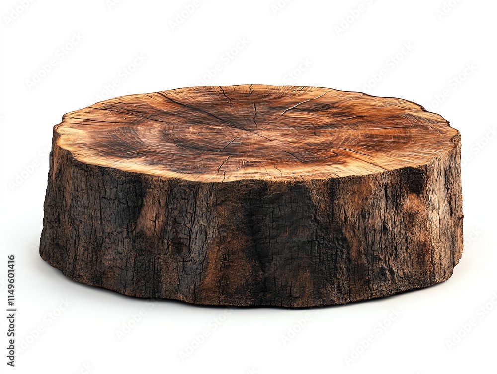 Poster a large, thick slice of tree trunk with rough bark and a smooth, circular top. it is isolated on a w