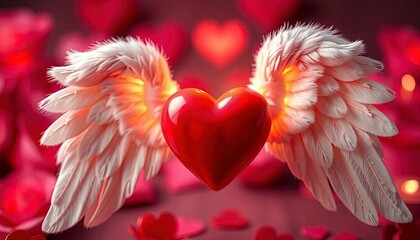 Fototapeta premium Cute angel wings attached to a glowing heart, symbolizing pure and eternal love.