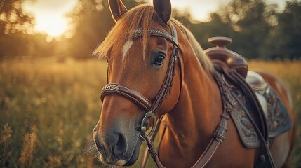 Obraz premium Majestic brown horse in sunlit field with leather bridle and saddle