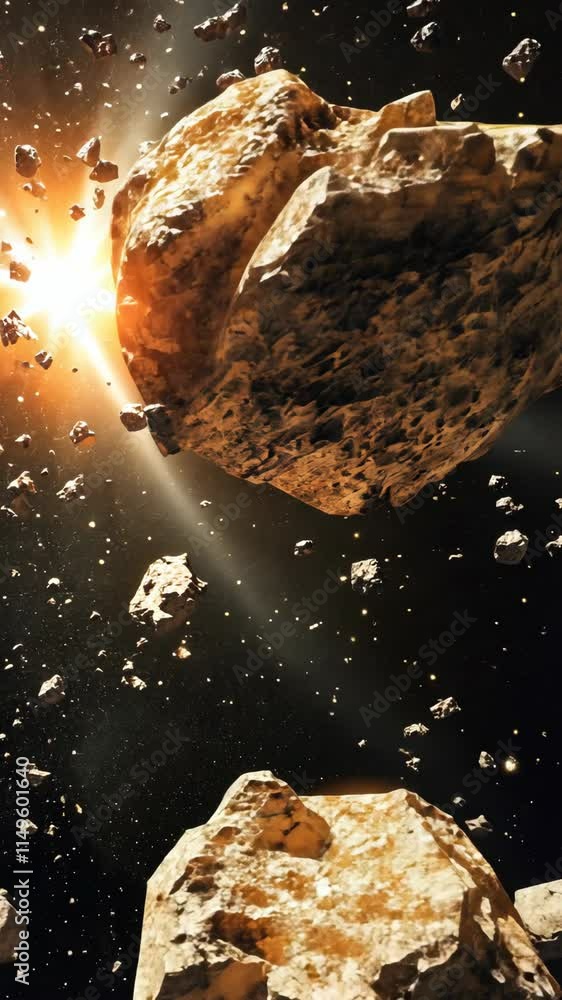 Poster asteroids navigating through outer space with a glowing star in the background