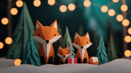 Obraz premium Cute Geometric Foxes with Christmas Gift Surrounded by Trees