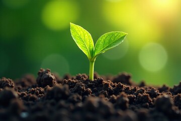 Lush green sprout bursting forth from earthy soil, illumination, soil, natural