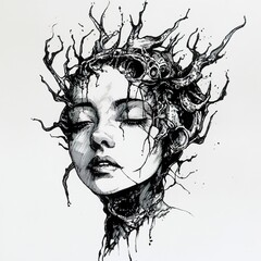 Surreal Ink Drawing: Woman with Tree Roots in Her Head