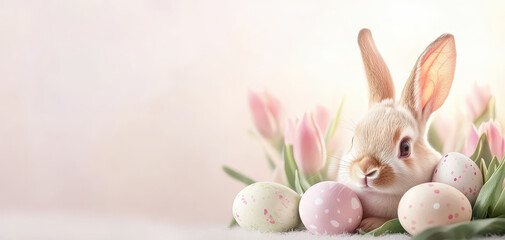 cute rabbit surrounded by pastel colored eggs and tulips, evoking joyful spring atmosphere