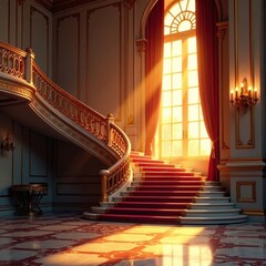 Morning light illuminates the palace's grand staircase, sunrise, ornate details