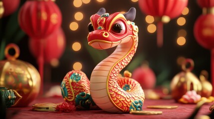 Snake zodiac wallpaper gliding over golden coins and lantern, symbolizing success and good fortune for the new year celebrations.
