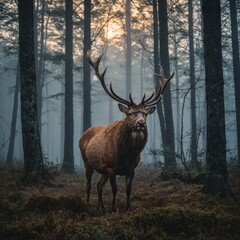 A majestic stag standing in a foggy forest clearing at dawn.