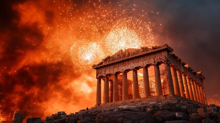 Obraz premium Stunning Fireworks Display Above Ancient Parthenon in Athens