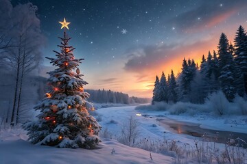 Fototapeta premium A Magical Winter Wonderland A Snow Covered Forest Illuminated by a Sparkling Christmas Tree Adorned with Starry Decorations and Surrounded by the Tranquil Beauty of a Starlit Night Sky