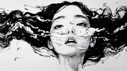 Submerged Beauty: A Monochrome Ink Drawing