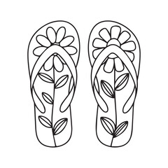Doodle flip flop shoes in outline with flower pattern. Pair of slippers coloring page. Hand drawn shoes logo. Vector illustration