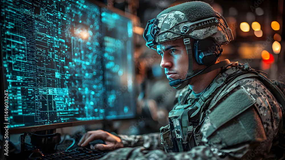 Poster a soldier operates a high-tech computer system, analyzing data in a military setting.