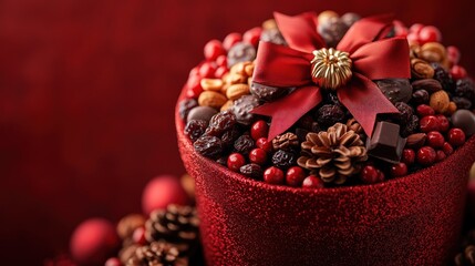 Fototapeta premium Red gift box filled with chocolates, nuts, cranberries, and pine cones.