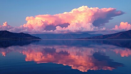 Fototapeta premium Softly glowing sky with lenticular clouds above Mono Lake at twilight, colors, lakes, surreal
