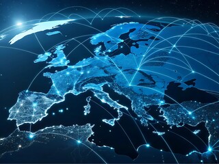 Futuristic Digital Network of Europe Glowing Blue Connections and High Tech Communication Grids Representing Global Data Exchange and Network Intelligence