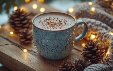 Cozy Winter Mug of Hot Chocolate with Festive Lights and Pine Cones