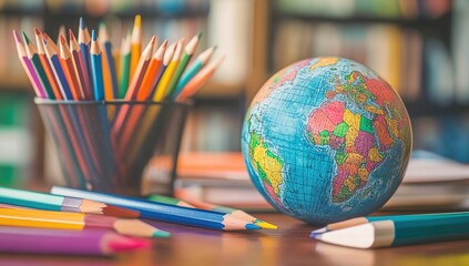 Exploring the World: Colorful Pencils and a Globe for Creative Global Learning Adventures