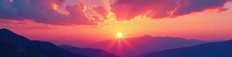 A majestic sunset over a mountain range with hues of orange and pink in the sky, evening sky, sunsets, sky
