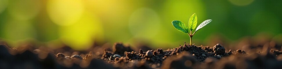 A small green shoot growing from a bulb in the ground, sunlight, earthy