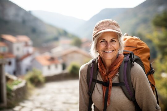 Portrait of happy senior woman with backpack hiking in the mountains. - Powered by Adobe