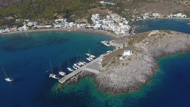 Aerial view of Kapsali village in Kythira. Aerial panoramic view of the seaside village named Kapsali in Kythira island, Greece