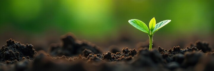 A tiny green sprout bursts forth from the damp earth with a tender stem and delicate leaves, emerging, sprout, new life