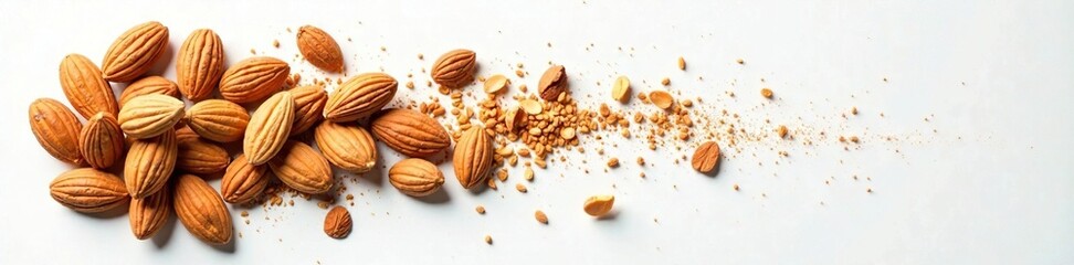 Obraz premium Almonds spilled on a white surface in a random pattern,, food splatter, kitchen mishap