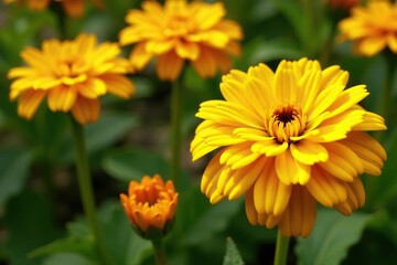 Obraz premium Blooming hardy mum in full bloom with yellow petals and dark center, blossoms, blooms, outdoor