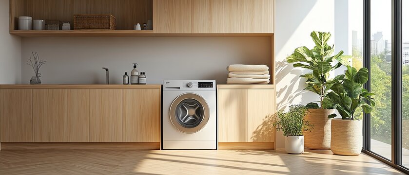 Photo of a sleek, modern washing machine in a minimalist laundry room, featuring clean lines, white walls, and natural light