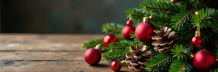 Christmas tree centerpiece with red ornaments and pine cones on a wooden table, wooden, holiday, centerpiece